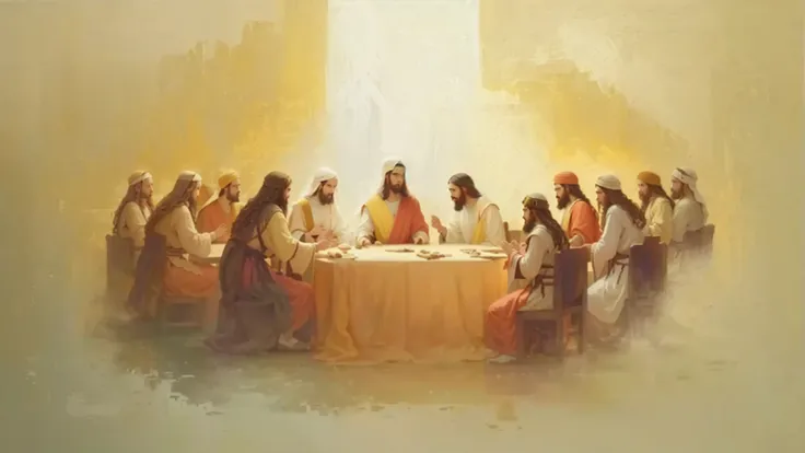 a painting of a group of people sitting around a table, the span jantar, span jantar composition, span jantar, called the span jantar, the span jantar painting, dnd span jantar, biblical painting, !!posando_as_span_jantar, religious painting, clothed figur...