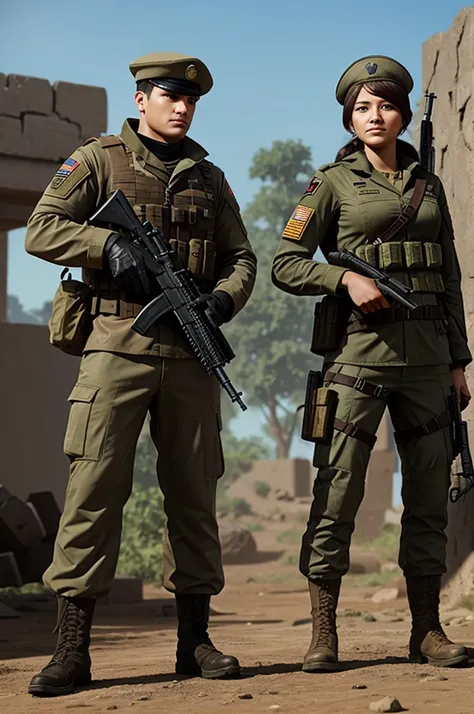 A soldier and a female tactician with a front dog for a multiplayer guerrilla video game 