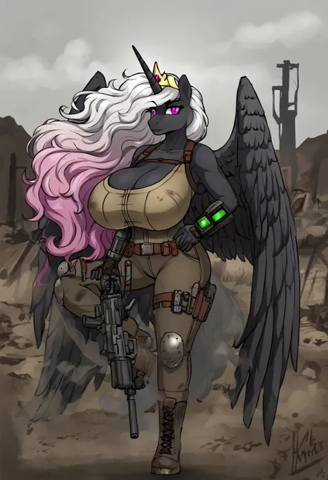  Alicorn princess   , white mane, ,black fur   color  long flowing  mane pink  eyes anthro huge breasts  
Fallout equestria raider,gun