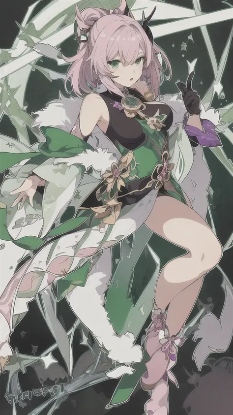 
create a full-body female Genshin Impact character, with medium hair down to the waist in pink, skin fair, green eyes mixed with purple, her clothes at the top are a dark green bodysuit along with a semi-decorated dress in green and white.