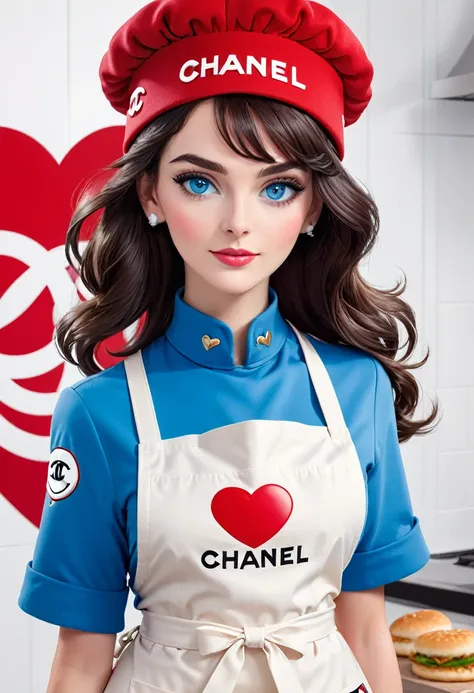 1 lady, Brunetette, blue colored eyes, logo, logotype, business logo, mascot, mascot de empresa, face detailed, Chanel cut, apron and blanche toque, Caucasian skin, red heart in the background, Color Vibrant