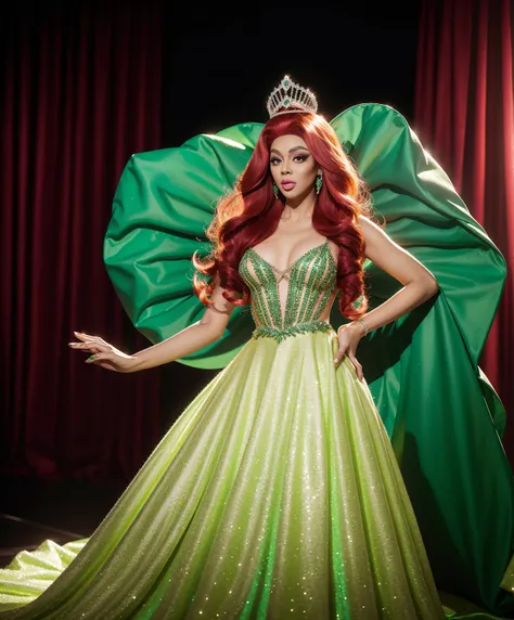 drag queen on rupaul's drag race wearing a emerald night gown with applications tiara and disproportional wig giant redhair wig ...