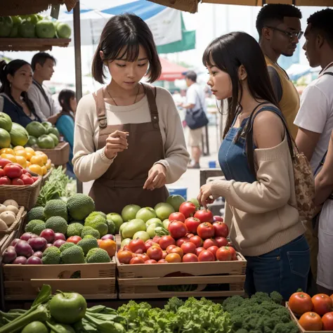 A scene in a local market featuring an Asian woman selecting vegetables while conversing with an African vendor. In the background, a European man and a Latin woman are discussing local products. Use a balanced composition and focus on the interaction betw...