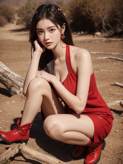 Beautiful woman wearing a red cream mini dress with decorations on the shirt and visible shoulders and wearing boots and being photographed with a background And he was in the middle of the desert holding burning wood  , Korean style swag, beautiful face s...