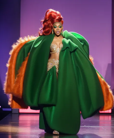 drag queen on Rupauls Drag Race wearing a emerald night gown with applications tiara and disproportional wig giant redhair wig full body shot fascinator shiny jewelry makeup red backdrop lighting
