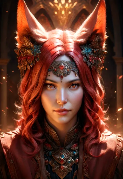 a redheaded man with fox ears, fullbody,extremely detailed portrait, photorealistic, high quality, intricate details, 8k, masterpiece, vibrant colors, cinematic lighting, fantasy, digital art