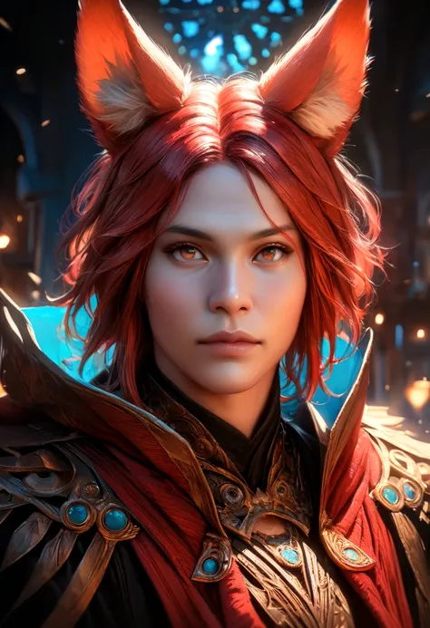 a redheaded man with fox ears, fullbody,extremely detailed portrait, photorealistic, high quality, intricate details, 8k, masterpiece, vibrant colors, cinematic lighting, fantasy, digital art