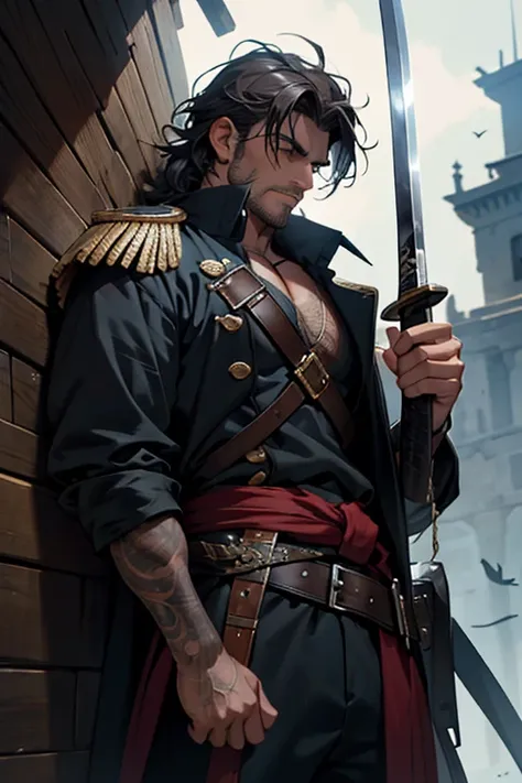 A Portuguese pirate captain, with disheveled hair and close-up eyes, displays an imposing posture. He has a sword at his waist and an ancient musket rests on his back.. An intelligent crow is perched on your shoulder, carefully observing the surroundings. ...