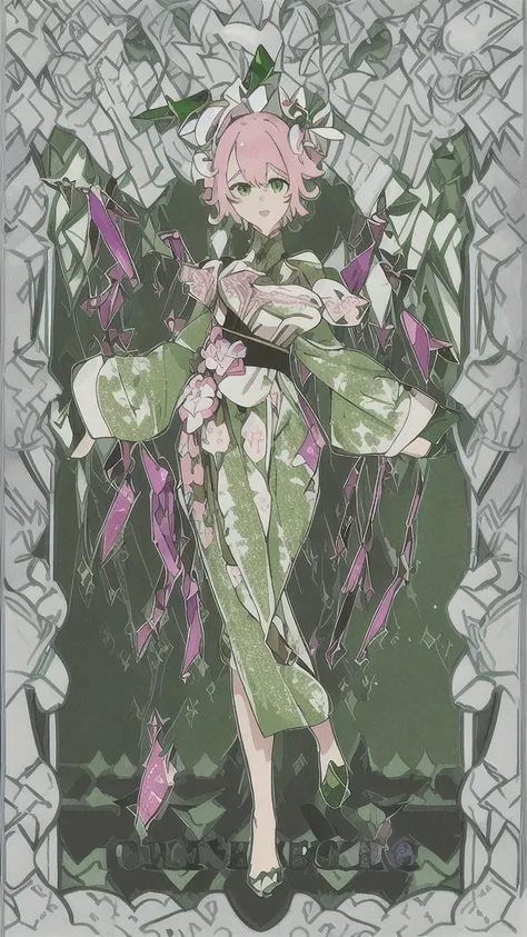 
create a full-body female Genshin Impact character, with medium hair down to the waist in pink, skin fair, green eyes mixed with purple, Her clothes on top are a dark green bodysuit and a green and white semi-decorated dress on top and the quality is very...