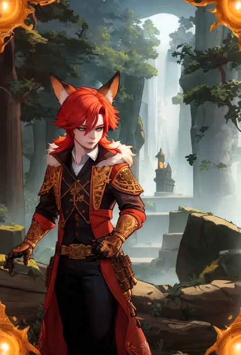 a cute redheaded man with fox ears, fullbody,extremely detailed portrait, photorealistic, high quality, intricate details, 8k, masterpiece, vibrant colors, cinematic lighting, fantasy, digital art