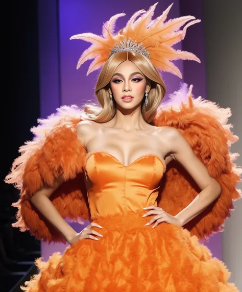 drag queen wearing a orange purple nuance night gown with ostrich feathers tiara and disproportional wig giant blond wig full body shot fascinator shiny jewelry makeup white backdrop lighting unusual design
