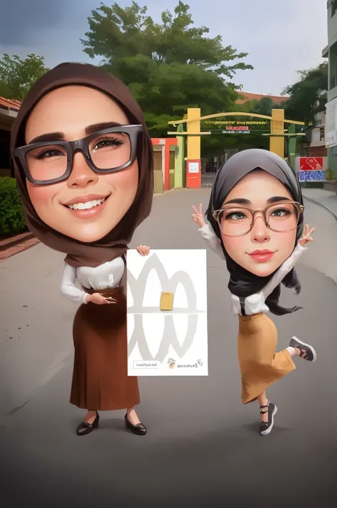 cartoon of a woman and a girl holding a big card, Wearing hijab, full protrait, potrait, caricature illustration, inspired by JoWOnder, wide portrait, protrait, digital art cartoon, realism artstyle, caricature, caricature style, caricature!!!, cartoon art...