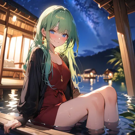 vibrant colors, female, masterpiece, sharp focus, best quality, depth of field, cinematic lighting, a woman sitting in a wooden gazebo with long green hair, 1girl, solo, night, long hair, sitting, sky, water, red eyes, looking at viewer, green hair, barefo...