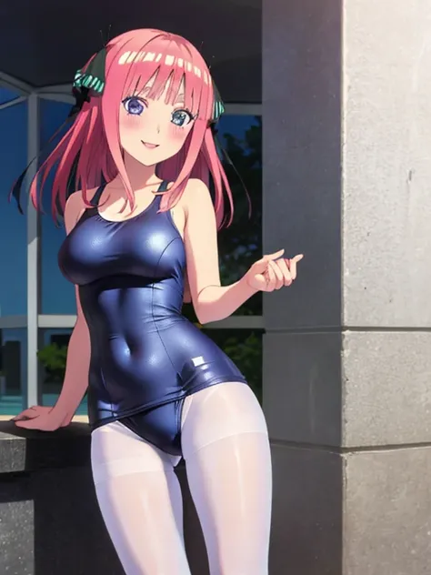 masterpiece, best quality, insanely detailed, beautiful, nino nakano, one-piece swimsuit, breasts, pantyhose, blush, smile, legs spread