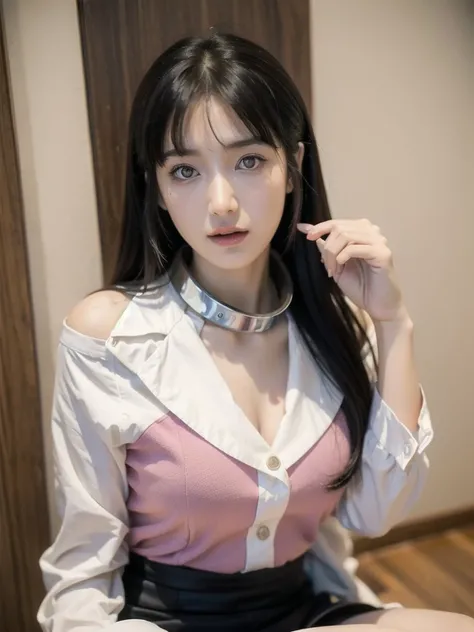 (Best Quality, 8K, masutepiece, Ultra HD: 1.3), 1girl in,  ,light brown hair, Blunt bangs, hair behind ear, hair over shoulder, Long hair,  slender body shape, Ultra Fine Face, Delicate lips, Beautiful eyes, Double eyelids, lipsticks, thin blush ,Black eye...