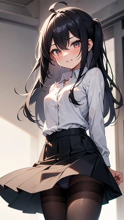 ((masterpiece, Highest quality)), (One girl), (alone), (Focus on women), (Ahoge, Gray Hair, Very long hair), Golden Eyes, A light smile, Open your mouth, ((White shirt), (Buttoned shirt), (Button gap)), ((Black Skirt), (Short skirt)), Are standing, White B...