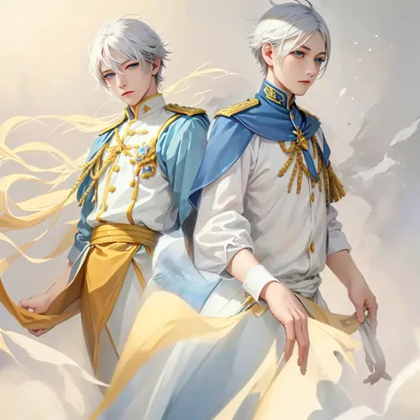 Snow，Sunlight，boy with short white hair，The clothes are mainly light blue with a little goose yellow，uniform，red badge，jewel-like blue eyes，White eyelashes，Thinking expression，Standing at attention and thinking