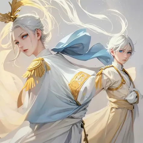 Snow，Sunlight，boy with short white hair，The clothes are mainly light blue with a little goose yellow，uniform，red badge，jewel-like blue eyes，White eyelashes，Thinking expression，Standing at attention and thinking