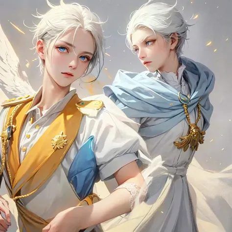 Snow，Sunlight，boy with short white hair，The clothes are mainly light blue with a little goose yellow，uniform，red badge，jewel-like blue eyes，White eyelashes，Thinking expression，Standing at attention and thinking