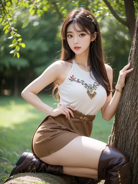 Beautiful woman wearing a brown mini dress with decorations on the shirt and visible shoulders and wearing boots and being photographed with a background And was on top of a big tree  Korean style swag, beautiful face so gorgeous, Beautiful eyes, y2k style