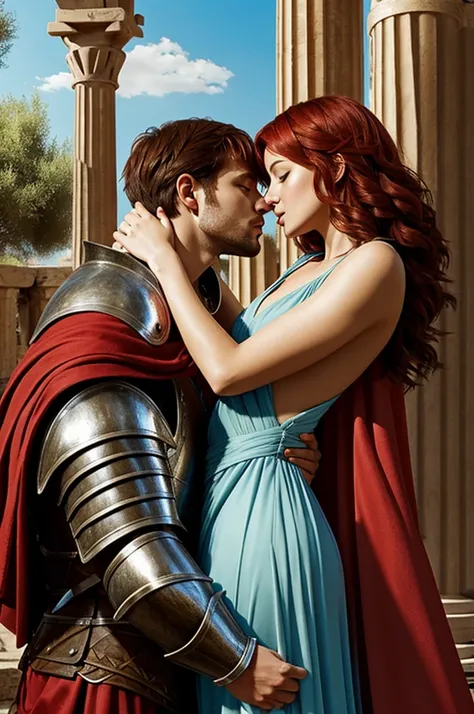 Draw a picture of a Greek goddess with short red hair next to a knight and they are kissing