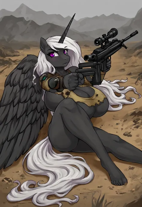  Alicorn princess   , white mane, ,black fur   color  long flowing  mane pink  eyes anthro huge breasts  
Fallout equestria raider,aiming with sniper scope ,laying on ground