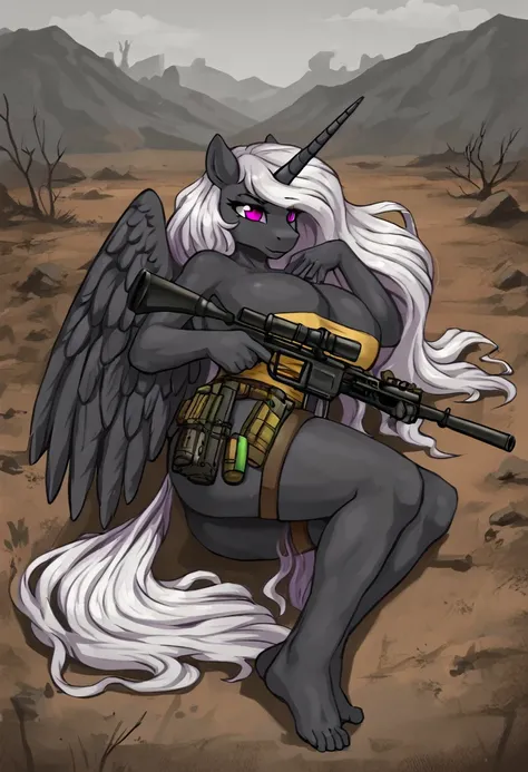  Alicorn princess   , white mane, ,black fur   color  long flowing  mane pink  eyes anthro huge breasts  
Fallout equestria raider,aiming with sniper scope ,laying on ground