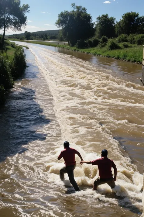 Image of water running out and people fighting for some of it