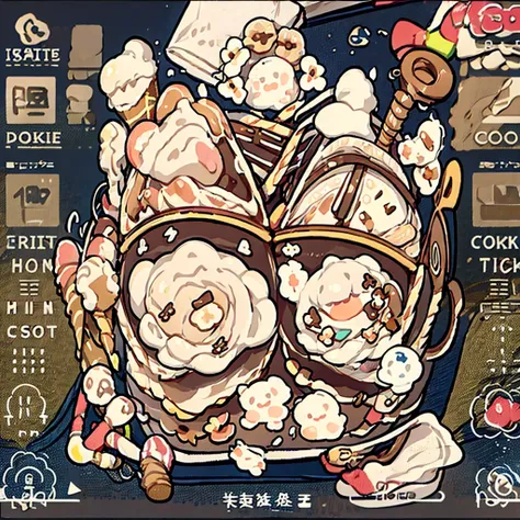 cute artstyle, brown bakery ice cream, milky, brown ice cream, ice cream shop, theme, ice cream & cookies, white bread, paper bag filled with lots of bread , ice cream menu list, Japanese menu list, card