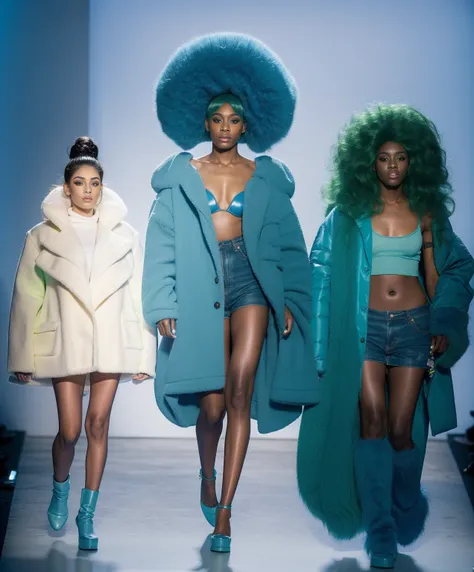 drag queen wearing a marine blue puffy jacket to the knee disproportional giant mint green wig full body shot jewelry makeup amber back backdrop contemporary unusual design
