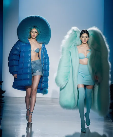 drag queen wearing a marine blue puffy jacket to the knee disproportional giant mint green wig full body shot jewelry makeup amber back backdrop contemporary unusual design
