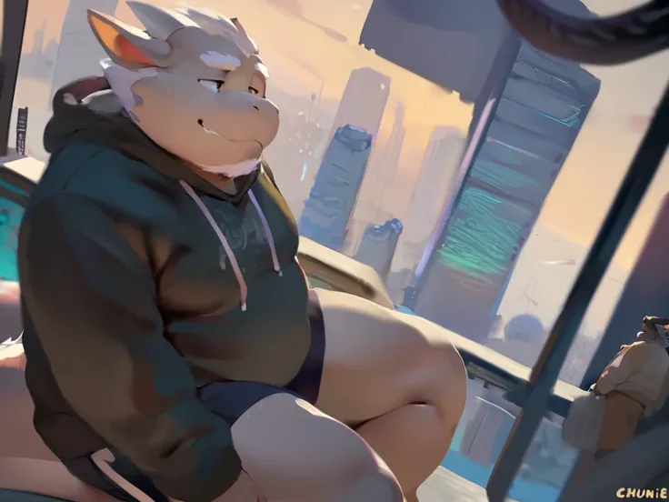 Dragon,male, old man, fetish chubby round belly,yaoi, doujin,wearing stylish sweatshirt, Shorts, cyberpunk big city, summer vibes, detail background, out view scale, pixiv artwork,hd,4k, colour full, smooth lighting,Three point perspective , Ghibli style, ...