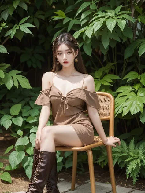 Beautiful woman wearing a brown mini dress with decorations on the shirt and visible shoulders and wearing boots and being photographed with a background And was on a chair and surrounded by beautiful and wild plants ,Korean style swag, beautiful face so g...