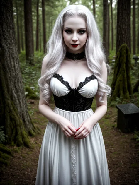 female sexy vampire|albino, pale porcelain skin, sexy vintage black dress, smile, shallow depth of field, grin|creepy, nightfall, detailed face, night, wide hips, narrow waist, portrait of woman standing, detailed eyes, portrait of woman standing, 8k RAW p...