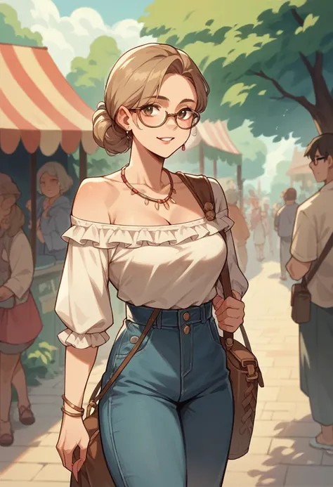 Cartoon-style image of a 63-year-old woman with shoulder-length light brown hair, wear glasses, wearing typical June festival clothes.