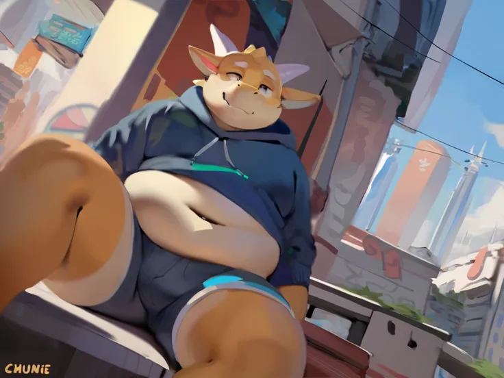 Dragon,male, old man, fetish chubby round belly,yaoi, doujin,wearing stylish Hoodie, Shorts, cyberpunk big city, summer vibes, detail background, out view scale, pixiv artwork,hd,4k, colour full, smooth lighting,Three point perspective ,, by chunie, by qua...