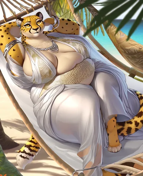  Race：cheetah furry coat color or skin color：golden yellow eye color：silver others：Female, fat, hammock, tropical setting, kimono, silver earrings, silver bracelets, silver rings, silver necklaces