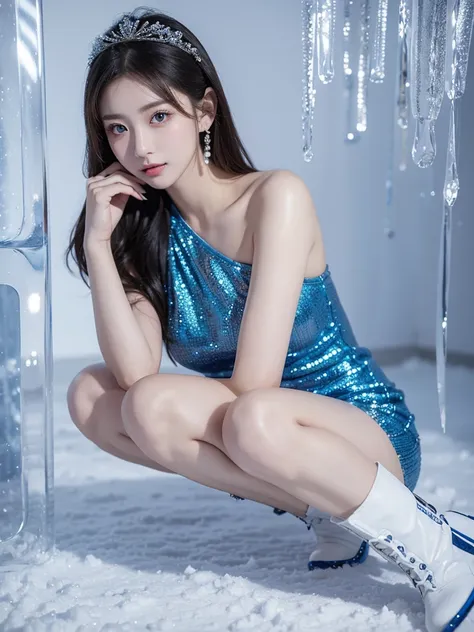 Beautiful woman wearing a blue mini dress with decorations on the shirt and visible shoulders and wearing boots and being photographed with a background And was in a room full of ice and snow ,Korean style swag, beautiful face so gorgeous, Beautiful eyes, ...