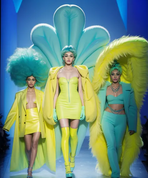 drag queens wearing turquoise yellow puffy jacket to the knee disproportional giant mint green mullet wig full body shot jewelry makeup green lighting neon back backdrop contemporary unusual design fashion runway
