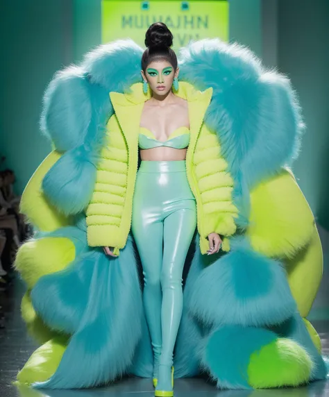 drag queens wearing turquoise yellow puffy jacket to the knee disproportional giant mint green mullet wig full body shot jewelry makeup green lighting neon back backdrop contemporary unusual design fashion runway
