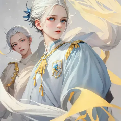 Snow，Sunlight，alone，boy with short white hair，The clothes are mainly light blue with a little goose yellow，uniform，red badge，jewel-like blue eyes，White eyelashes，Thinking expression，Standing at attention and thinking