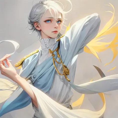 Snow，Sunlight，alone，boy with short white hair，The clothes are mainly light blue with a little goose yellow，uniform，red badge，jewel-like blue eyes，White eyelashes，Thinking expression，Standing at attention and thinking