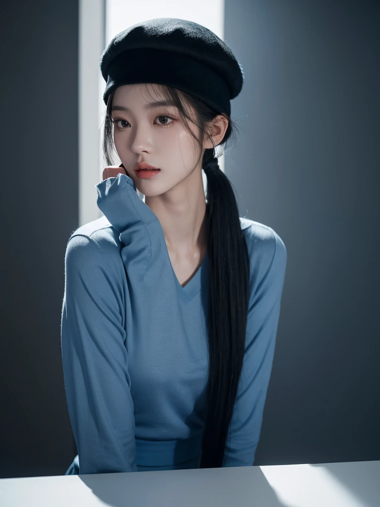 korean model , slim body , 167cm ，Movie Angle，long black ponytails hairstyle, （Cute girls，anatomy correct，blue tshirt），(blue beret hat)（ art，geomerty），（plethora of colorest quality，high detal，tmasterpiece，Cinematic lighting effects，4K，Chiaroscuro）