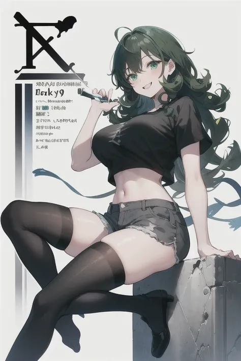 manga cover, 19 year old young girl, green and black curly hair, fly away, wearing black shirt, wearing short gray shorts, wearing thigh-high stockings, smiling, breasts big, greeneyes.