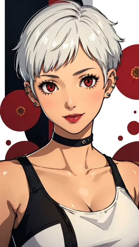 1 girl, milf, red eyes, very short hair, black choker, lipstick, smile, white hair, tank top, medium breast, portrait, face port...