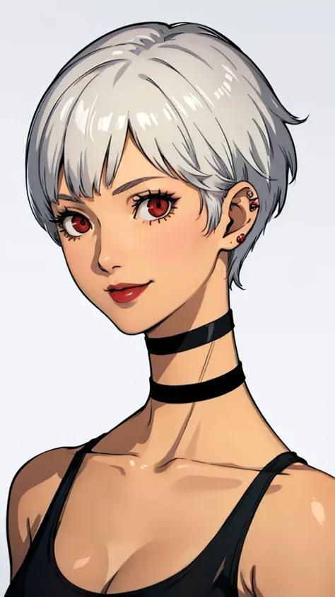 1 girl, milf, red eyes, very short hair, black choker, lipstick, smile, white hair, tank top, medium breast, portrait, face port...