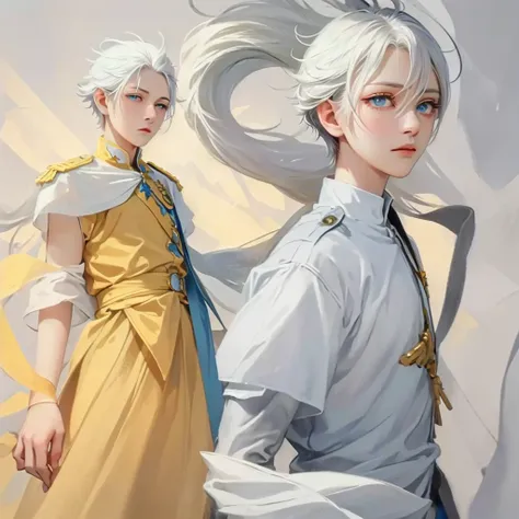 Snow，Sunlight，alone，boy with short white hair，The clothes are mainly light blue with a little goose yellow，uniform，red badge，jewel-like blue eyes，White eyelashes，Thinking expression，Standing at attention and thinking