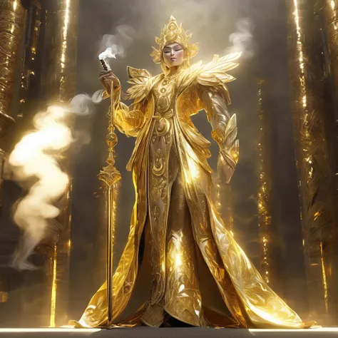 masterpiece, The legend of the immense wealth bestowed by the giants (human body, ) The pose is cool, smokes, gold, Random light and shadow, Shining lighting effects (Full body image 1.4) Perfect wealth fantasy style, high resolution, Best image quality, R...