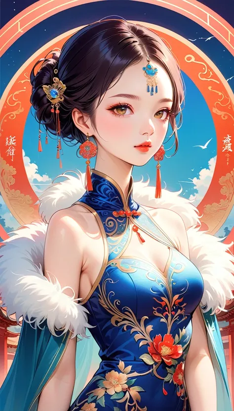 chinese cheongsam sexy,illustration,high-end fashion,beautiful and delicate eyes,beautiful and delicate lips,long eyelashes,exqu...