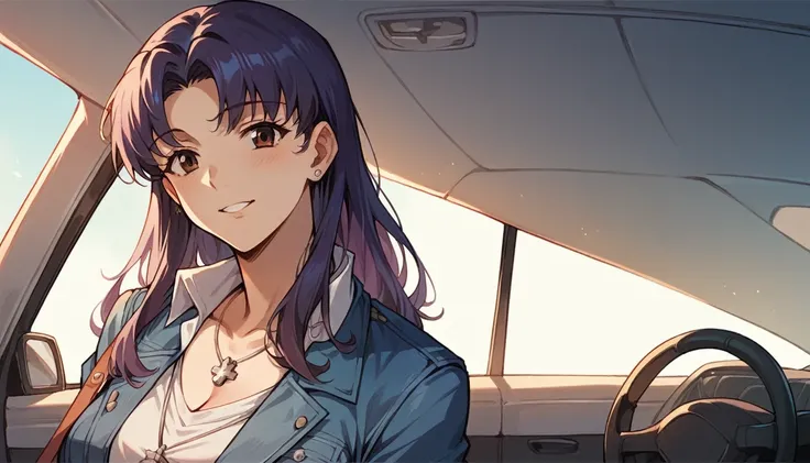  mature woman,misato katsuragi, blue cropped, jeans, side of a blue square car